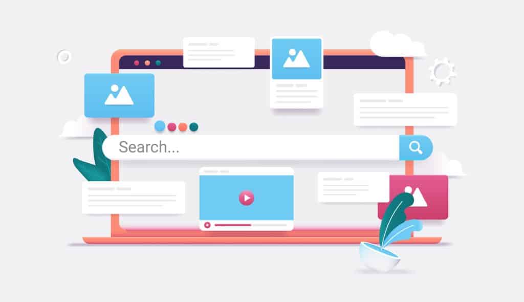 illustration of a computer screen that shows a search bar and different imagery/elements of a website - website design and seo concept