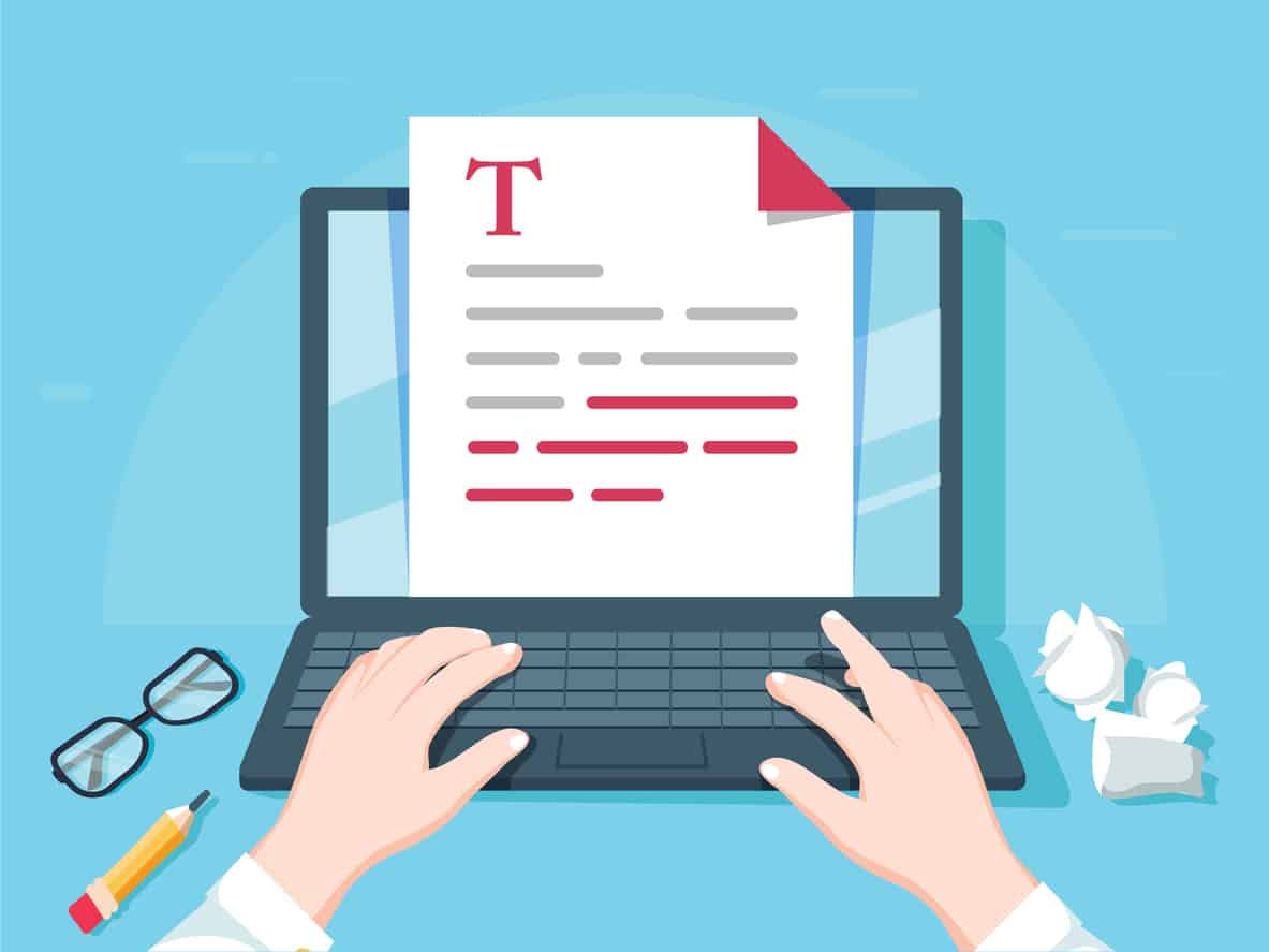 Illustration of attorney writing practice area webpage content on computer.