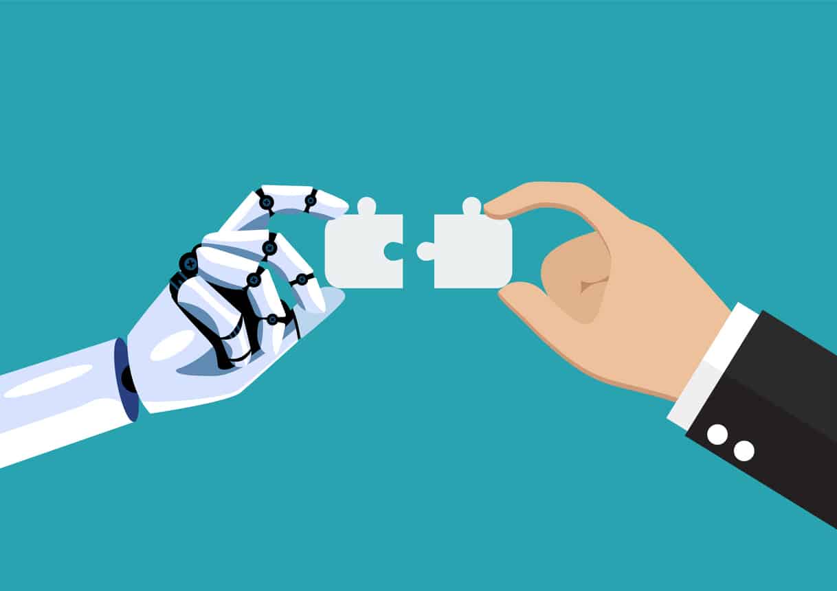 Lawyer and AI robot hand connect jigsaw puzzle together. Human and AI Artificial Intelligence working together. Vector illustration