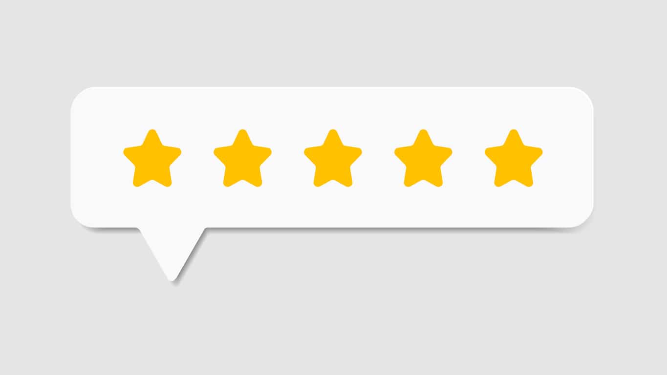 Five star rating in on grey background. Law firm client review concept.